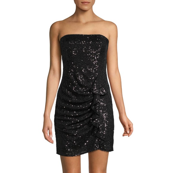 Parker Black Mini Dress 4 Small Sequin Strapless Aurelia Ruffle Cocktail Formal - Picture 1 of 15